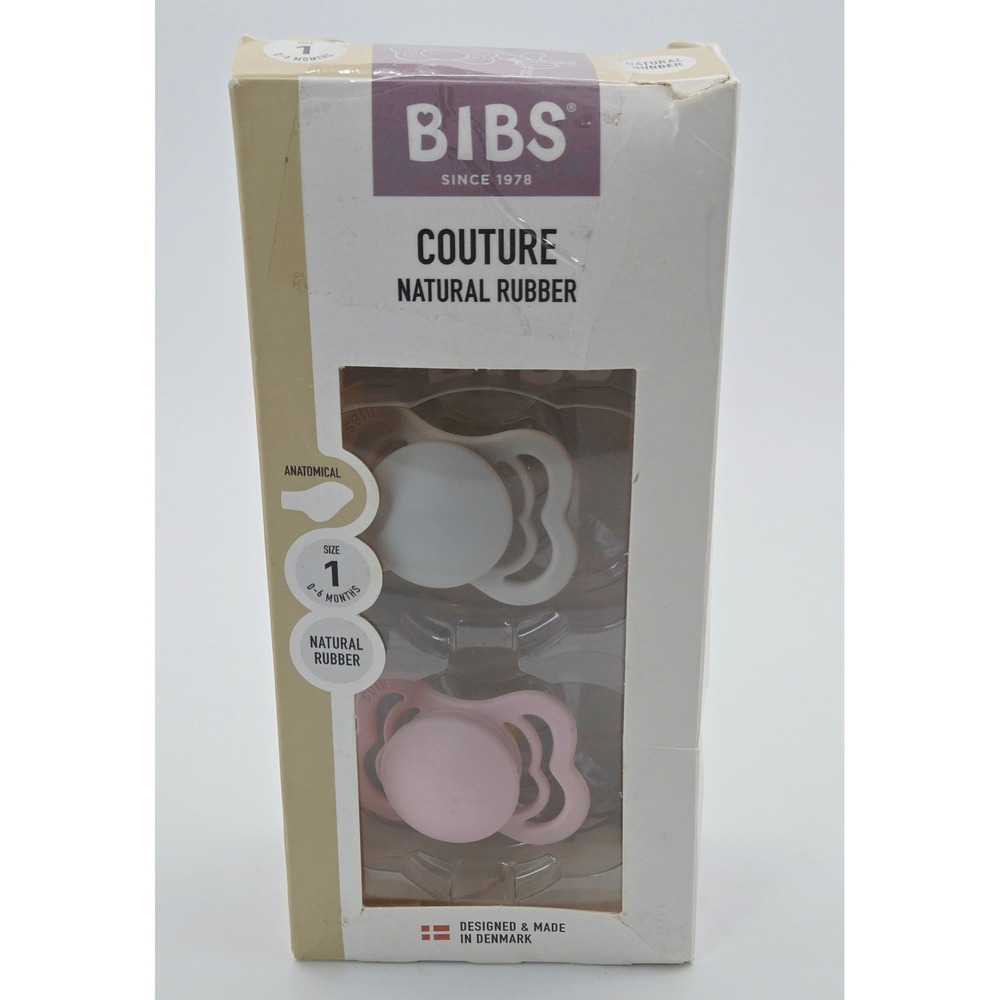 BIBS Couture Natural Rubber Pacifiers Size 1 0-6 Months 2-Pack Pink White NEW